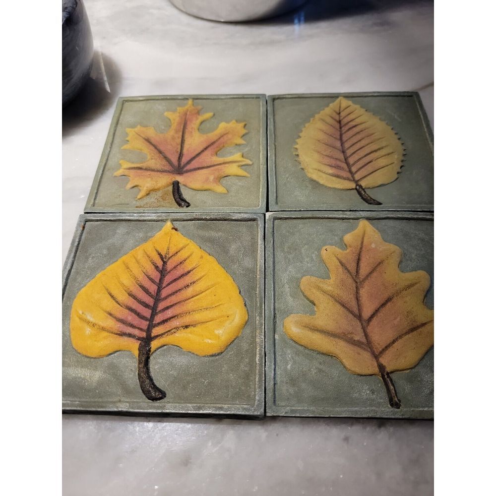 Set 4 Drink Coasters/ Square Stone Tiles Leaves